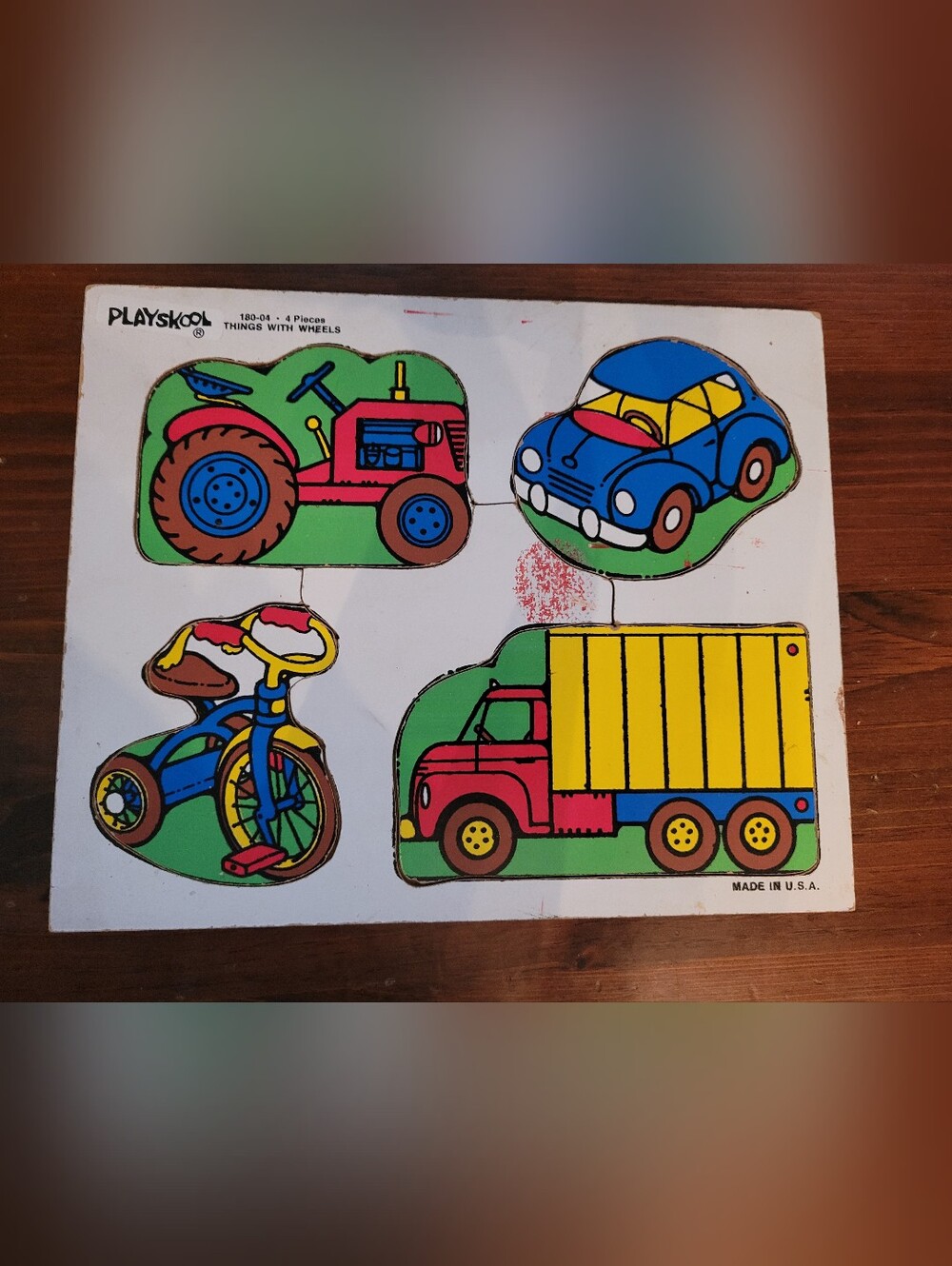 Vintage Playskool THINGS WITH WHEELS 4 Pc Early Inlaid Wooden Puzzle 180-04